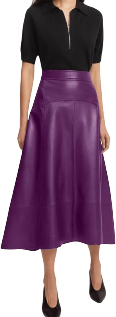 Jild Real Lambskin Leather Skirts for Women High Waist Classical Mid Length Going Out Skirt with Stylish Patchwork