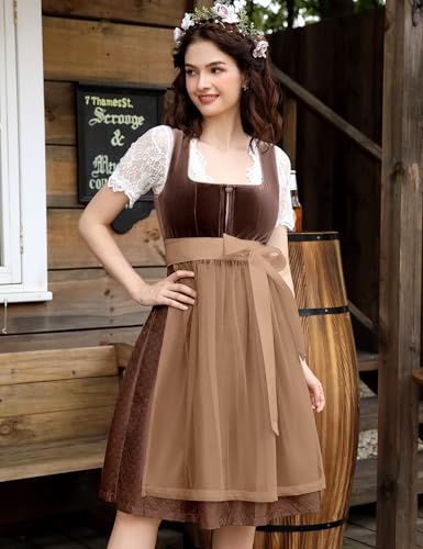 GloryStar Women\'s German Dirndl Dress Costumes for Bavarian Oktoberfest Carnival Halloween Brown-velvet S