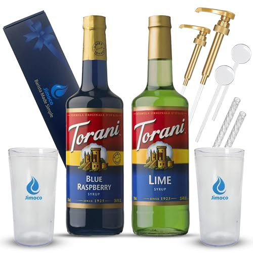 Jimoco Barista Set – Torani Lime & Blue Raspberry Syrups (25.4 oz Each) with 2 Jimoco Syrup Pumps, Reusable Cups, Straws & Stirrers – Coffee, Italian Soda & Cocktail Flavoring Kit