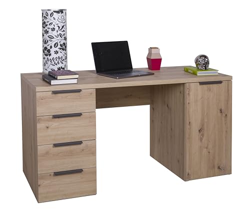 AVANTI TRENDSTORE - Paciano - Scrivania in legno laminato nel colore quercia Artisan con 4 cassetti e 1 anta. Dimensioni LAP ca. 146x75,4x59,6cm