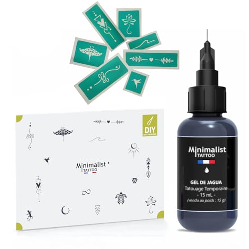 Kit Tatouages Ephemeres Complet - Gel de Jagua (15 ml) + 15 Pochoirs aux designs modernes – Encre Naturelle et Sûre, Tattoos Temporaires 8-15 Jours –...