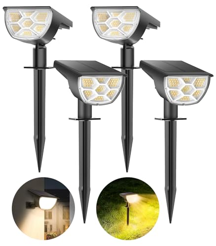 Foco solar para exteriores, IP67, resistente al agua, luces solares de jardín, 3000 K, luz cálida, iluminación de jardín, 4 unidades, 3 modos de brillo para jardín, decoración navideña, pasarela