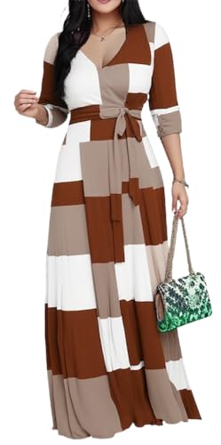 Image of CaniBtr Maxi Dresses for Women Plus Size 3 /4 Sleeve Long Dress with Belt | Versatile plus-size maxi dress,wrap v-neck + waist tie craft soft glamorous looks easily for everyday casual outings