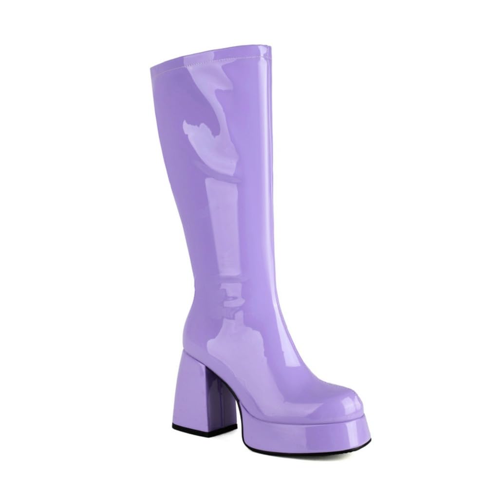 Patent Leather Gogo Boots for Women Knee High Rave Boots with Platform Chunky Block Heel Side Zipper Retro