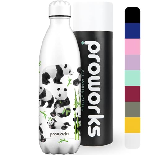 Proworks Botellas de Agua Deportivas de Acero Inoxidable Cantimplora Termo con Doble Aislamiento para 12 Horas de Bebida Caliente y 24 Horas de Bebida Fría - Sin BPA - 1L - Panda Todo Blanco
