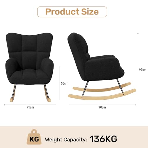 Hawthyhome Schaukelstuhl Relaxstuhl Sessel Stuhl Wohnzimmersessel, Schaukelsessel Gepolsterter Schwingsessel bis 136 kg belastbar Schwarz Lounge Chair fürs Wohnzimmer Schlafzimmer Balkon - 2