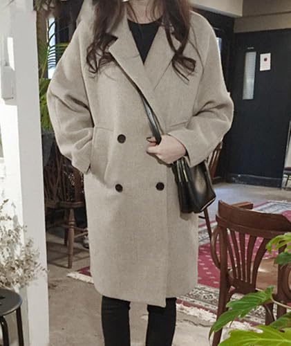 Sexyshine Women's Winter Double Breasted Coats Casual Loose Notch Lapel Wool Blend Pea Coat Warm Long Overcoat3