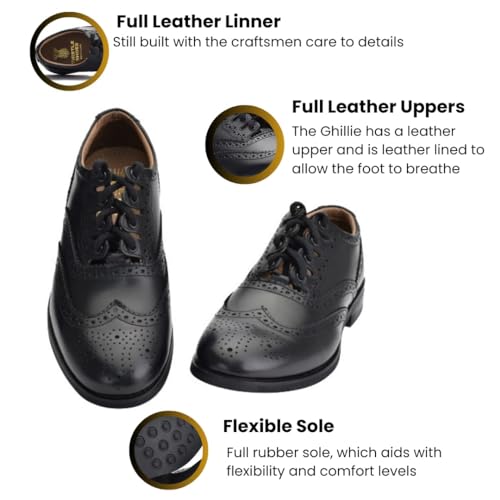 Leather Ghillie Brogue Kilt Shoes Traditional Scottish Piper and Highland Outfit Wedding Shoes Featuring Extra Long Laces & Leather Tassels Style –Eco with Rubber Sole Color - Black Sizes -7-152