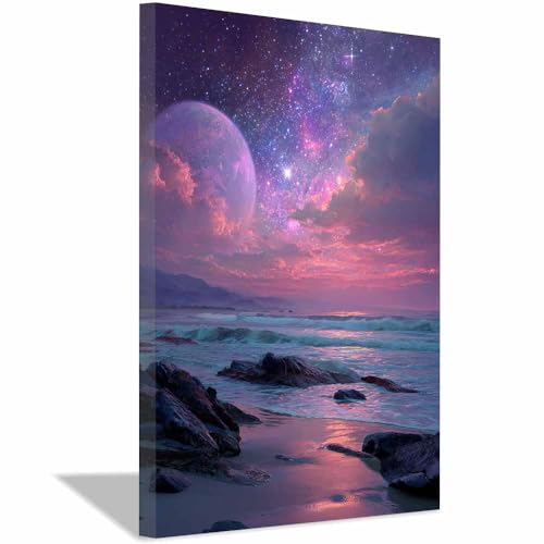 Décoration sur toile murale élégante plage des étoiles mauve 70x100cm avec cadre premium