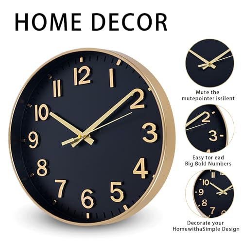 Reloj de pared analógico silencioso 10 pulgadas negro oro miniatura 4