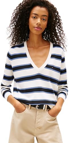 Tommy Jeans Damen TJW Essential Vneck Sweater EXT DW0DW19888 Pullover Sweater, Schwarz (Black/Multi Stripe), 6XL, Schwarz (Schwarz/Mehrfarbig), 6XL Plus