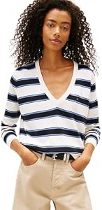 Tommy Jeans Tjw Essential Vneck Sweater EXT DW0DW19888 Pullover, Schwarz (Schwarz/Multi Streifen), M Damen, Schwarz (Schwarz/Multi Stripe), M