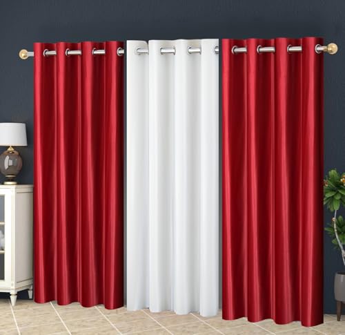 Image of Eyelet Polyester Modern Solid Crush Set of 3 Pcs. Door Curtains (7 Feet, 2 Maroon Red + 1 White)