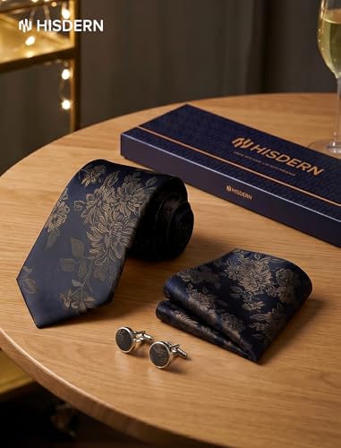 Image of HISDERN Ties for Men Paisley Tie and Pocket Square Cufflinks Set Formal Classic Floral Necktie Handkerchief Wedding Party