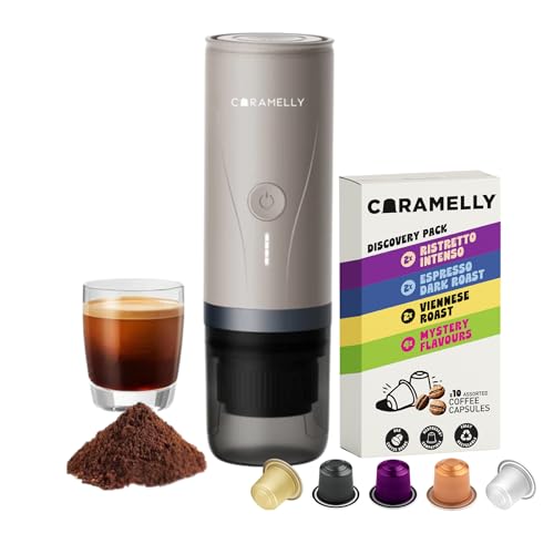 Image of Caramelly Fikapresso Pro Portable Electric Travel Espresso Maker, Built-in-heating, USB-C Rechargeable, 20-Bar Pressure Mini Coffee Machine for Grounds & Coffee Pods, Free Discovery Pack (10 Capsules)