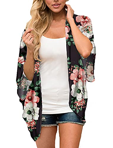 Women's Boho Chiffon Floral Kimono Cover Ups Thin Summer Lightweight Cardigans Boho Beach Sheer Tropical Hawaiian Shirts Tops Maternity Black X-Large