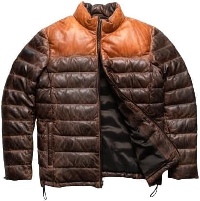 Men's Puffer Genuine Sheepskin Leather Jacket, Two Tone Puffer Down Leather Winter Jacket | Puffer Bomber Jacket