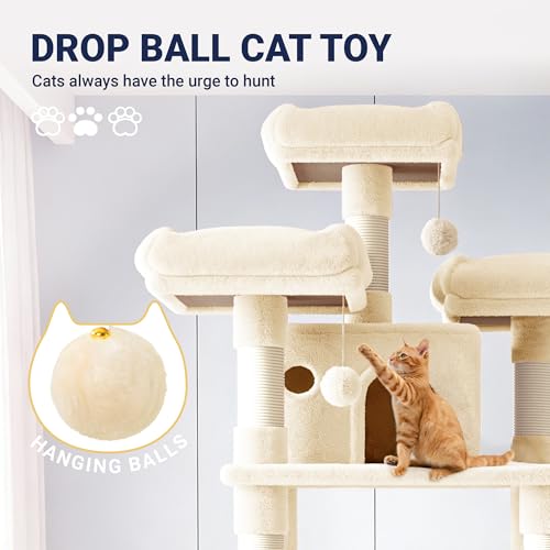 Image of Allewie 82 Inches Large Cat Tree /House /XXL Tall Cat Towers for Big Feline /Scratching Post /Multi-Level Large Kitty Climbing Tree with Condo /Beige