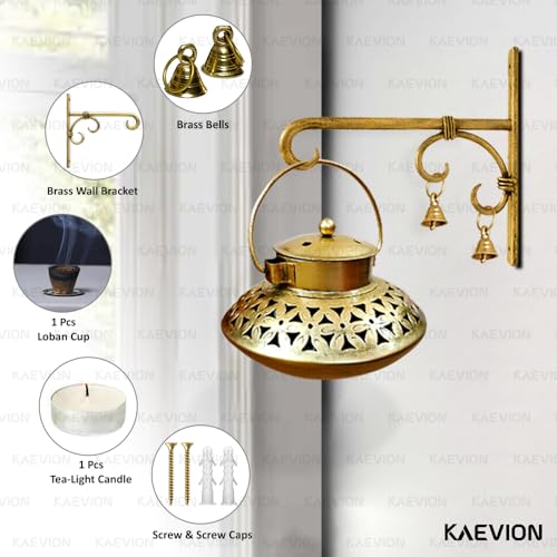 Image of Wall Hanging Metal Brass Medium 6 Inch Degchi Style Incense Burner with Hanger, Bells Decorative Item for Home | Brass Dhoop Holder Pooja Items | Dhoop Dani Stand Tea Holder - Gold