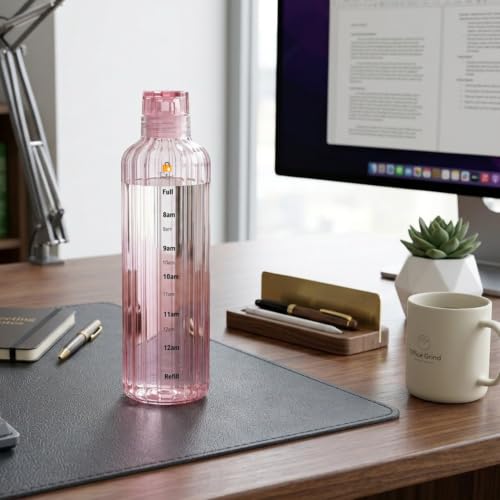 Image of Borosilicate Glass Water Bottles with Cap, Water Bottle 500ML Glass Motivational Time Marker Drink Bottle Cute Glass Milk Juice Drinking Bottles for Girls Kids Women for School, Gym (Pink)