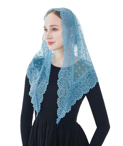 Wgior Triangle Vintage Inspired Lace Chapel Veils Catholic Mass Head Covering Scarf Mantilla Veils for Church (Sky Blue)