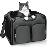 Dog, Cat Carrier for Pets Up to 15 Lbs, Airline Approved Collapsible Soft-Sided Pet Travel Bag with Locking Zippers, Breathable Mesh and 4 Large Pockets, Removable Fleece Pad (Dark Grey)
