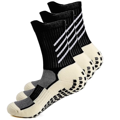 HIKERHEAVENLAR - HIKERHEAVENLAR Chaussettes de football antidérapantes pour homme et femme, rembourrées, en coton, respirantes, chaussettes Aheletic antidérapantes pour rugby, football, yoga, gym, 38-48, Noir-beige-3