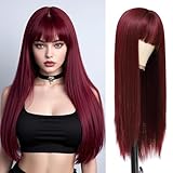 Koreyo Burgundy Wigs For Women, 24 Inch Wine Red Hair Wig With Bangs Silky Soft Synthetic Fiber Wigs Hair For Daily Party Cosplay(Wine Red)