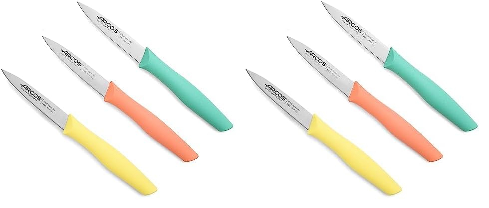 Arcos Set Cuchillos Mondadores. 3 Piezas Acero Inoxidable. Cuchillos Cocina Peladores Multicolor para Pelar Frutas y Verduras. Mango Ergonómico Polipropileno. Serie Nova. Naranja, Amarillo y Azul.