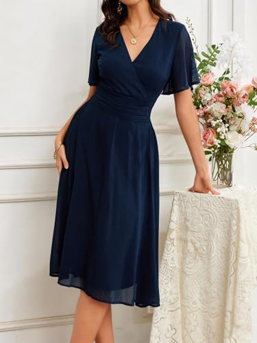 Image of Women's Summer Elegant Chiffon Wrap V Neck Aline Dress