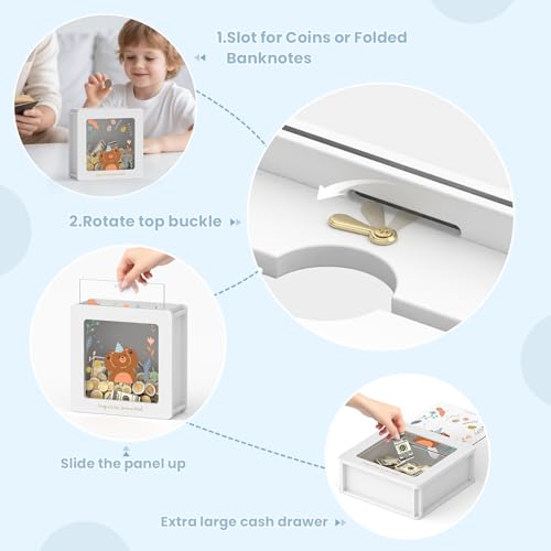 Image of Summidate Wooden Money Saving Box, Clear Window Cash Vault Savings Box with DIY Stickers, Personalized Bear Piggy Bank for Kids & Adults, Birthday /Baby Shower /Wedding Gift
