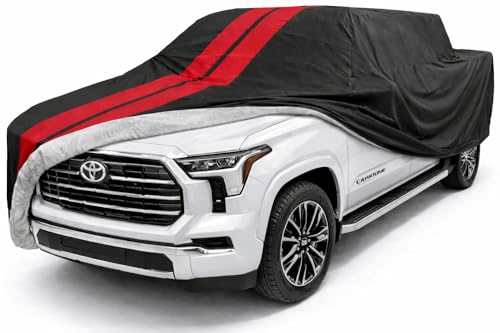 Image of SR1 Performance USA Ultraguard Truck Cover for 2004-2026 Tundra & Titan Crew Cab - Custom Fit, 300D Water Resistant, UV Protection, Soft Lined Indoor /Outdoor Pickup Cover (Black with Red Stripes)