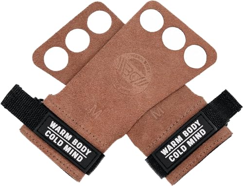 WARM BODY COLD MIND Poignées en Cuir - 3 Doigts (Paire) pour haltérophilie, Gymnastique, Cross-Training… (Basic, Amber, L)