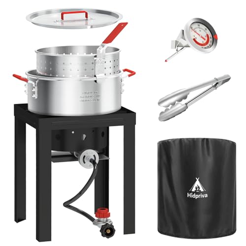 10QT Propane Fish Fryer with Lid, Cover, Fryer Tong & Thermometer, 8QT Basket for Frying Fish, Chicken Wings, French Fries, Deep Fryers with 5 PSI Regulator & 55,000 BTU Burner for Outdoor Cooking