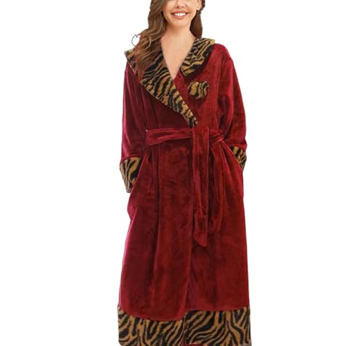 Hiseng Albornoz Mujer Bata Mujer Invierno Leopardo Rojo Batas de Casa de Polar Larga Suave y Grueso con Bolsillos y Cinturón Albornoz de Baño Unisex Cálido Ideal para Sauna Casa (Rojo,XXL)