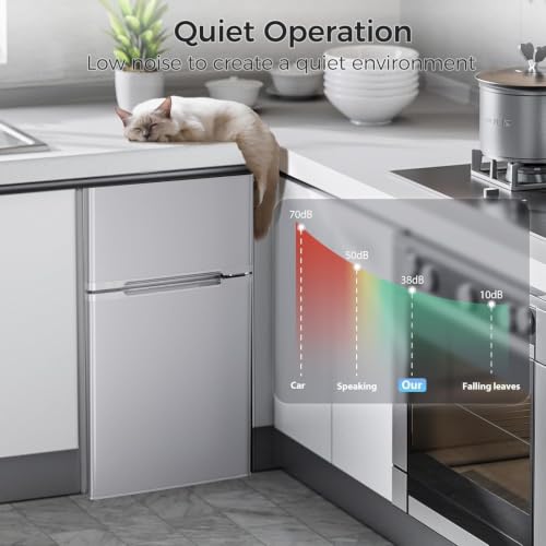Image of Kismile 3.2 Cu.Ft Mini Fridge with Freezer, Compact Refrigerator, Grey | Removable Shelves, Two Doors, Adjustable Temperature, Perfect for Bedroom, Apartment, Office, Dorm