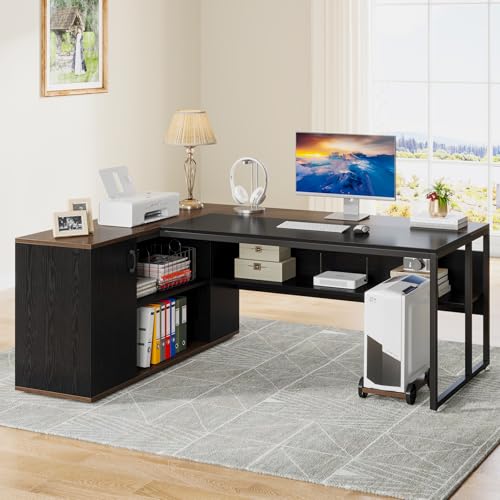 Image of Tribesigns 71 inch Executive Desk, L Shaped Desk with Cabinet Storage, Executive Office Desk with Shelves, Business Furniture Workstation for Home Office, Black and Brown