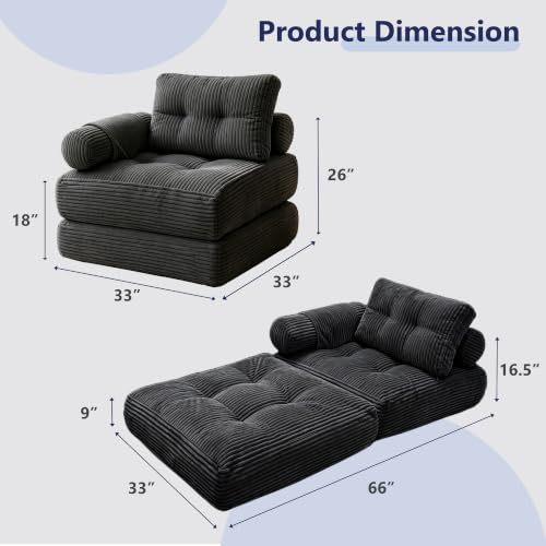 Image of Folding Sofa Bed Convertible Sleeper Chair with Pillow Boneless Futon Chair | Boneless Foldable Couch with Armrest, Comfy Fold Out Floor Couch for Living Room, Dark Grey