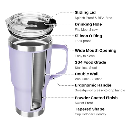 Image of 20 oz Tumbler with Handle, Stainless Steel Insulated Tumbler with Lid and Straw, Double Wall Vacuum Coffee Mug Tumbler, Insulated Coffee Thermal Cup for Cold and Hot (Light Purple)