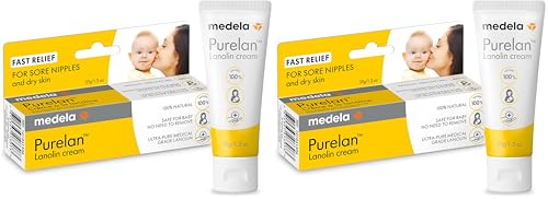 Medela Purelan Lanolin Nipple Cream, Fast Relief for Sore Nipples & Dry Skin During Breastfeeding, Safe for Breastfeeding Baby, Natural, Hypoallergenic, Fragrance-Free, 37g (Pack of 2)