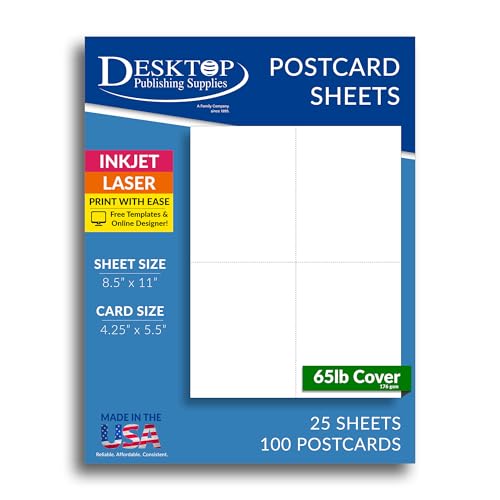 65lb White Printable Postcards - Blank Postcard Paper - Perforated 4 per Sheet - for Inkjet/Laser Printers - 25 Sheets / 100 Postcards