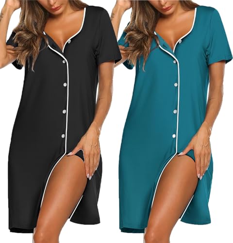 Ekouaer 2er Nachthemd Damen Kurzarm Schlafshirt Kurz Sleepshirt Knopfleiste...