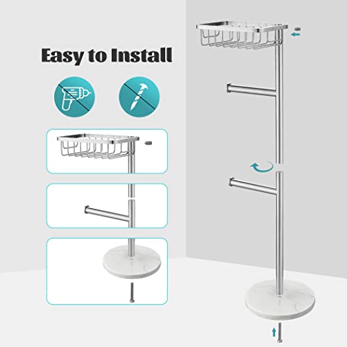 Brushed Nickel Toilet Paper Holder Stand, Free Standing Double Mage Tissue Paper Holder With Wet Wipes Storage Basket, Modern Marble Base Toilet Roll Holder For Bathroom #TOP3