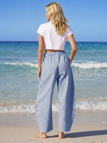 Image of TARSE Womens Striped Linen Barrel Pants with Pockets Y2k Patchwork