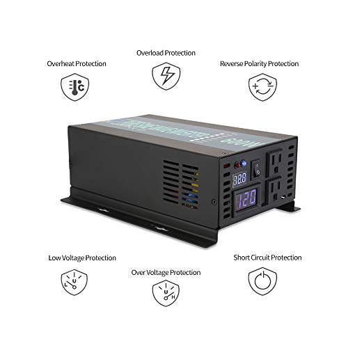 Pure Sine Wave Inverter 600Watt 12V DC to 120V AC Power Converter 1200W Surge - Thumbnail 7