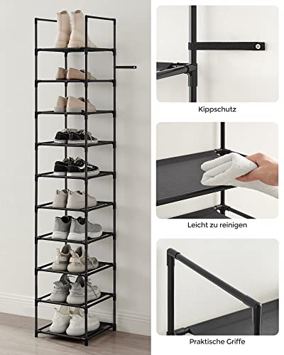 SONGMICS Schuhregal, 10 Ebenen, Schuhablage, Schuhaufbewahrung, schmal, 33 x 33 x 173 cm, Metallgestell, Ablagen aus Vliesstoff, für Flur, Schlafzimmer, schwarz LSR110B02