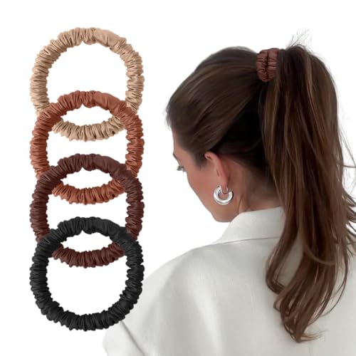 Mulberry Silk Scrunchies 4 Pack - Non Slip, Black Small Thin Silk Scrunchies for Women, Sleepy Ties for Thick Hair (Brown Series)