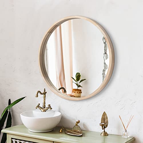 Image of LYYYXGYP Round Wood Mirror 24 Inch Farmhouse Wall Mirror Wooden Framed Circle Mirror for Bathroom Vanity Living Room Bedroom