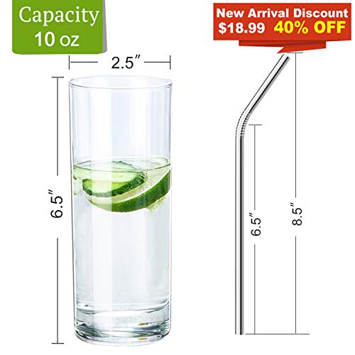 Glass Cups 10 oz, Clear Highball Glass Cocktail Glass Drinking Glasses [Set of 8] + 8 Stainless Steel Straws For Kitchen,Heavy Base Water Cup For Juice, Cocktails, Beverages, Drinking Cups Beer Cups - Thumbnail 2