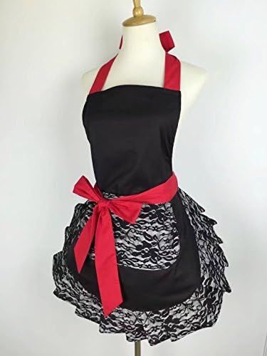 Miniatura 5 de Hyzrz Bonito delantal de encaje coqueto con bolsillo, divertido delantal retro sexy de cocina para mujeres y niñas (negro)